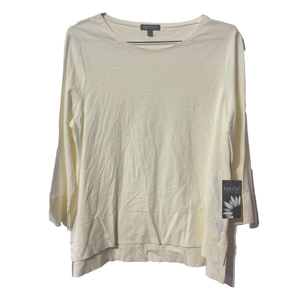 NWT Habitat Clothes To Live In Womens T-Shirt White Small Long Sleeve Hi-Low-Hem